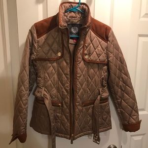 Belted quilted jacket with elbow patches